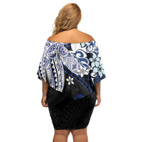 Monstera Plumeria Flowers Blue Off Shoulder Short Dress Polynesian Pattern LT01 - Polynesian Pride