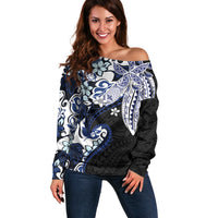 Monstera Plumeria Flowers Blue Off Shoulder Sweater Polynesian Pattern LT01 Women Blue - Polynesian Pride