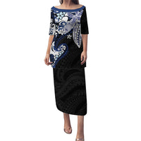 Monstera Plumeria Flowers Blue Puletasi Polynesian Pattern LT01 Long Dress Blue - Polynesian Pride
