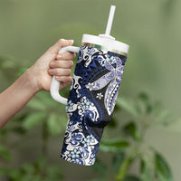 Monstera Plumeria Flowers Blue Tumbler With Handle Polynesian Pattern LT01 - Polynesian Pride