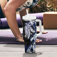 Monstera Plumeria Flowers Blue Tumbler With Handle Polynesian Pattern LT01 - Polynesian Pride