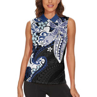 Monstera Plumeria Flowers Blue Women Sleeveless Polo Shirt Polynesian Pattern LT01 - Polynesian Pride