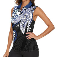 Monstera Plumeria Flowers Blue Women Sleeveless Polo Shirt Polynesian Pattern LT01 - Polynesian Pride
