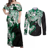 Monstera Plumeria Flowers Green Couples Matching Off Shoulder Maxi Dress and Long Sleeve Button Shirt Polynesian Pattern LT01 Green - Polynesian Pride