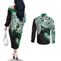 Monstera Plumeria Flowers Green Couples Matching Off The Shoulder Long Sleeve Dress and Long Sleeve Button Shirt Polynesian Pattern LT01 - Polynesian Pride