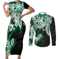Monstera Plumeria Flowers Green Couples Matching Short Sleeve Bodycon Dress and Long Sleeve Button Shirt Polynesian Pattern LT01 Green - Polynesian Pride