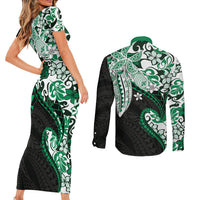 Monstera Plumeria Flowers Green Couples Matching Short Sleeve Bodycon Dress and Long Sleeve Button Shirt Polynesian Pattern LT01 - Polynesian Pride