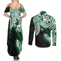 Monstera Plumeria Flowers Green Couples Matching Summer Maxi Dress and Long Sleeve Button Shirt Polynesian Pattern LT01 - Polynesian Pride