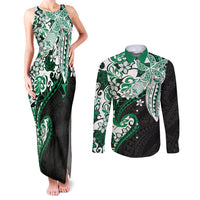 Monstera Plumeria Flowers Green Couples Matching Tank Maxi Dress and Long Sleeve Button Shirt Polynesian Pattern LT01 Green - Polynesian Pride