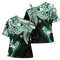 Monstera Plumeria Flowers Green Cross Shoulder Shirt Polynesian Pattern LT01 - Polynesian Pride