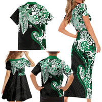 Monstera Plumeria Flowers Green Family Matching Short Sleeve Bodycon Dress and Hawaiian Shirt Polynesian Pattern