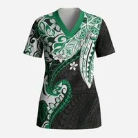 Monstera Plumeria Flowers Green Scrub Top Polynesian Pattern