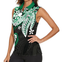 Monstera Plumeria Flowers Green Women Sleeveless Polo Shirt Polynesian Pattern LT01 - Polynesian Pride