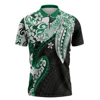 Monstera Plumeria Flowers Green Zipper Polo Shirt Polynesian Pattern LT01 Green - Polynesian Pride