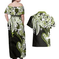 Monstera Plumeria Flowers Olive Green Couples Matching Off Shoulder Maxi Dress and Hawaiian Shirt Polynesian Pattern LT01 - Polynesian Pride