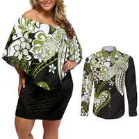 Monstera Plumeria Flowers Olive Green Couples Matching Off Shoulder Short Dress and Long Sleeve Button Shirt Polynesian Pattern LT01 Green - Polynesian Pride