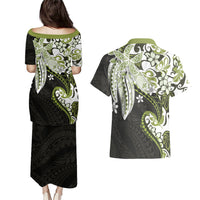 Monstera Plumeria Flowers Olive Green Couples Matching Puletasi and Hawaiian Shirt Polynesian Pattern LT01 - Polynesian Pride