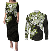 Monstera Plumeria Flowers Olive Green Couples Matching Puletasi and Long Sleeve Button Shirt Polynesian Pattern LT01 Green - Polynesian Pride