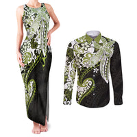 Monstera Plumeria Flowers Olive Green Couples Matching Tank Maxi Dress and Long Sleeve Button Shirt Polynesian Pattern LT01 Green - Polynesian Pride