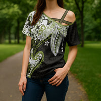 Monstera Plumeria Flowers Olive Green Cross Shoulder Shirt Polynesian Pattern LT01 - Polynesian Pride