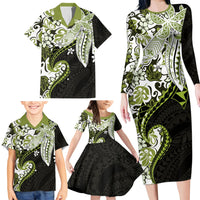 Monstera Plumeria Flowers Olive Green Family Matching Long Sleeve Bodycon Dress and Hawaiian Shirt Polynesian Pattern