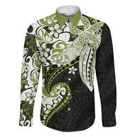 Monstera Plumeria Flowers Olive Green Family Matching Off Shoulder Maxi Dress and Hawaiian Shirt Polynesian Pattern