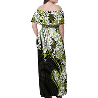 Monstera Plumeria Flowers Olive Green Family Matching Off Shoulder Maxi Dress and Hawaiian Shirt Polynesian Pattern