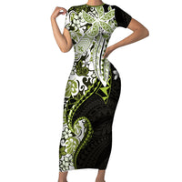 Monstera Plumeria Flowers Olive Green Family Matching Short Sleeve Bodycon Dress and Hawaiian Shirt Polynesian Pattern