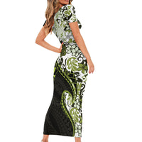 Monstera Plumeria Flowers Olive Green Family Matching Short Sleeve Bodycon Dress and Hawaiian Shirt Polynesian Pattern