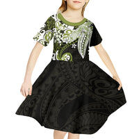 Monstera Plumeria Flowers Olive Green Kid Short Sleeve Dress Polynesian Pattern LT01 - Polynesian Pride