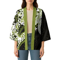 Monstera Plumeria Flowers Olive Green Kimono Polynesian Pattern LT01 - Polynesian Pride