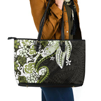 Monstera Plumeria Flowers Olive Green Leather Tote Bag Polynesian Pattern LT01 - Polynesian Pride