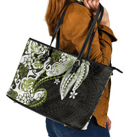 Monstera Plumeria Flowers Olive Green Leather Tote Bag Polynesian Pattern LT01 - Polynesian Pride