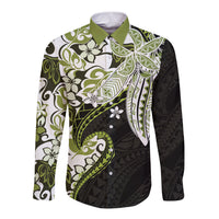 Monstera Plumeria Flowers Olive Green Long Sleeve Button Shirt Polynesian Pattern LT01 Unisex Green - Polynesian Pride