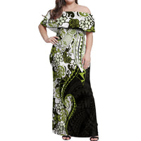Monstera Plumeria Flowers Olive Green Off Shoulder Maxi Dress Polynesian Pattern LT01 Women Green - Polynesian Pride