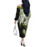 Monstera Plumeria Flowers Olive Green Off The Shoulder Long Sleeve Dress Polynesian Pattern