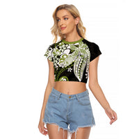 Monstera Plumeria Flowers Olive Green Raglan Cropped T Shirt Polynesian Pattern LT01 Female Green - Polynesian Pride