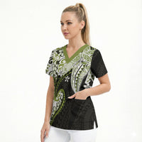 Monstera Plumeria Flowers Olive Green Scrub Top Polynesian Pattern LT01 - Polynesian Pride