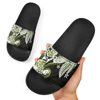 Monstera Plumeria Flowers Olive Green Slide Sandals Polynesian Pattern LT01 - Polynesian Pride