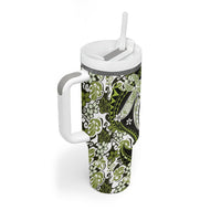 Monstera Plumeria Flowers Olive Green Tumbler With Handle Polynesian Pattern LT01 - Polynesian Pride
