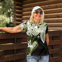 Monstera Plumeria Flowers Olive Green Women Polo Shirt Polynesian Pattern LT01 - Polynesian Pride