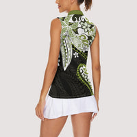 Monstera Plumeria Flowers Olive Green Women Sleeveless Polo Shirt Polynesian Pattern LT01 - Polynesian Pride