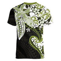 Monstera Plumeria Flowers Olive Green Women V-Neck T-Shirt Polynesian Pattern LT01 - Polynesian Pride