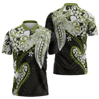 Monstera Plumeria Flowers Olive Green Zipper Polo Shirt Polynesian Pattern LT01 - Polynesian Pride