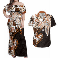 Monstera Plumeria Flowers Orange Couples Matching Off Shoulder Maxi Dress and Hawaiian Shirt Polynesian Pattern LT01 Orange - Polynesian Pride