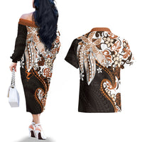 Monstera Plumeria Flowers Orange Couples Matching Off The Shoulder Long Sleeve Dress and Hawaiian Shirt Polynesian Pattern