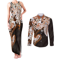 Monstera Plumeria Flowers Orange Couples Matching Tank Maxi Dress and Long Sleeve Button Shirt Polynesian Pattern LT01 Orange - Polynesian Pride