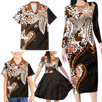 Monstera Plumeria Flowers Orange Family Matching Long Sleeve Bodycon Dress and Hawaiian Shirt Polynesian Pattern
