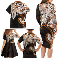 Monstera Plumeria Flowers Orange Family Matching Long Sleeve Bodycon Dress and Hawaiian Shirt Polynesian Pattern