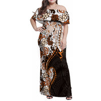Monstera Plumeria Flowers Orange Family Matching Off Shoulder Maxi Dress and Hawaiian Shirt Polynesian Pattern